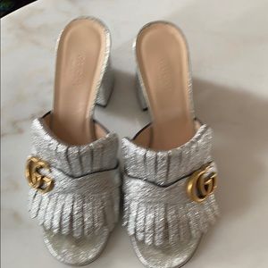 Gucci Marmont Fringe Logo Metallic Leather Mule